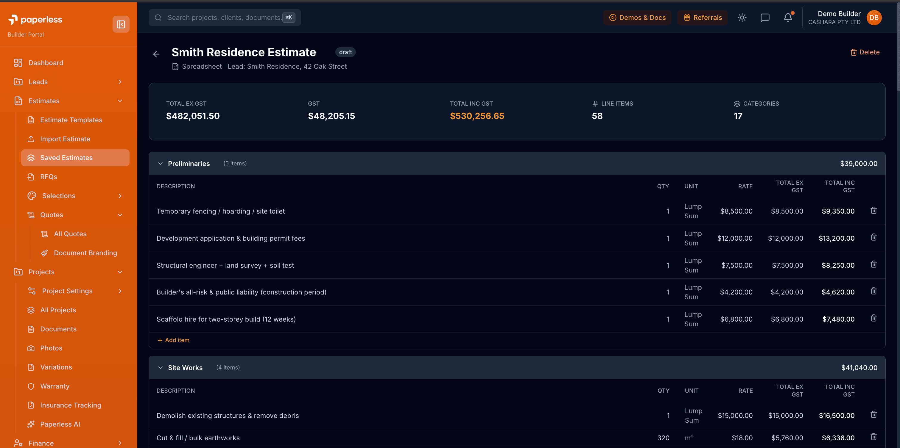 Build Paperless estimate with line items grouped by category