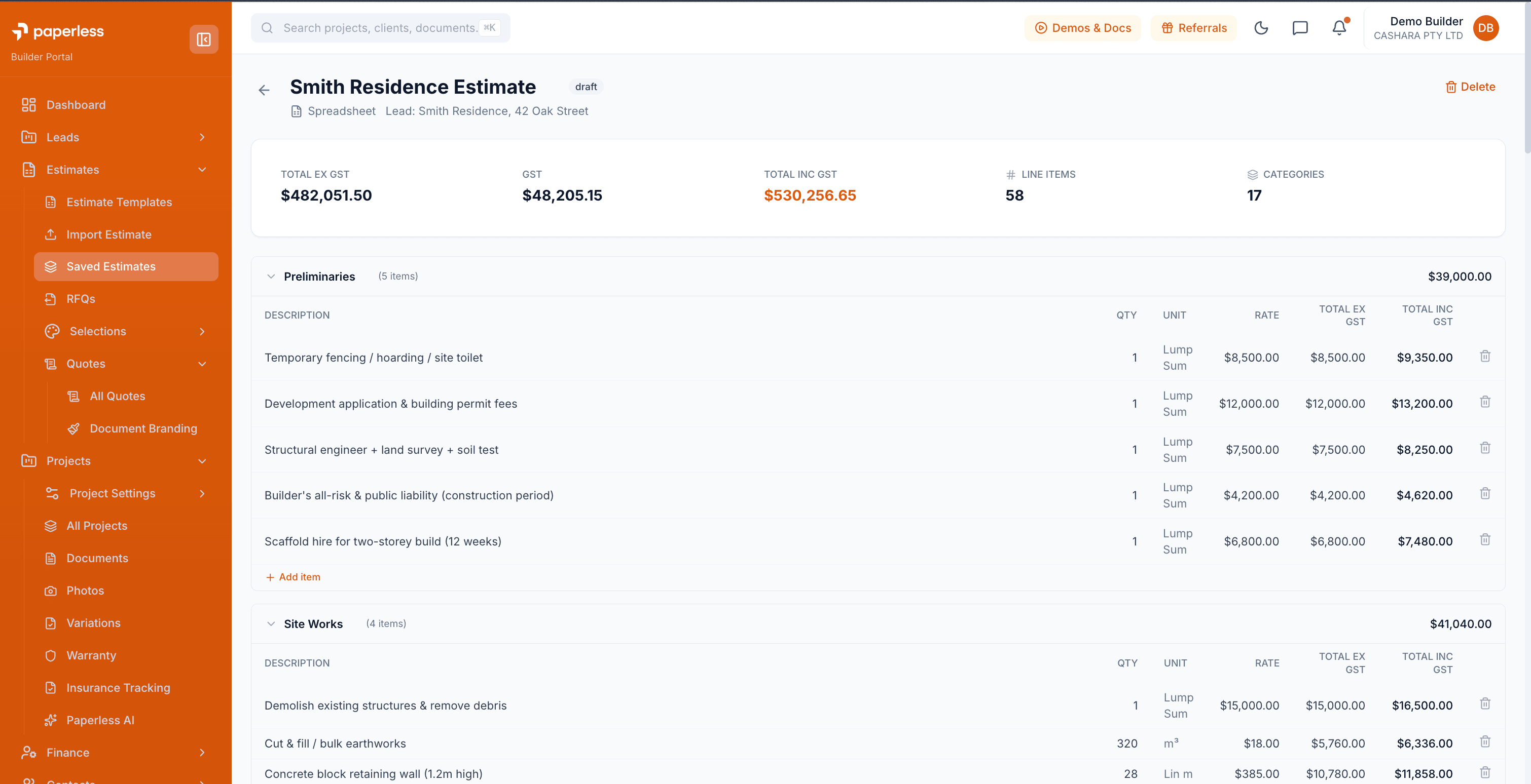 Build Paperless estimate with line items grouped by category