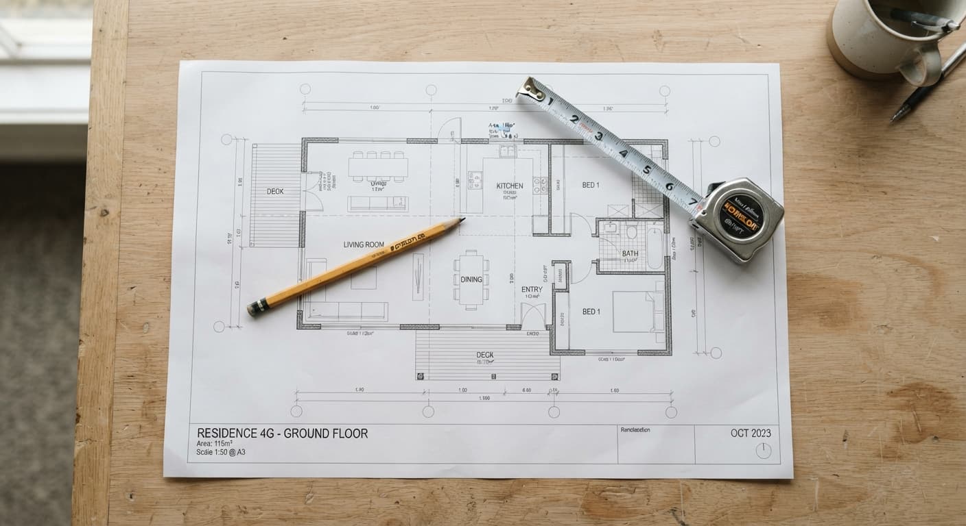 House plans on a desk with a tape measure and pencil