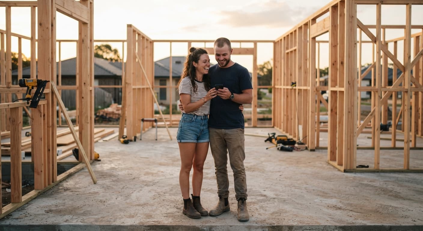 Homeowners checking their build on a phone at the frame stage